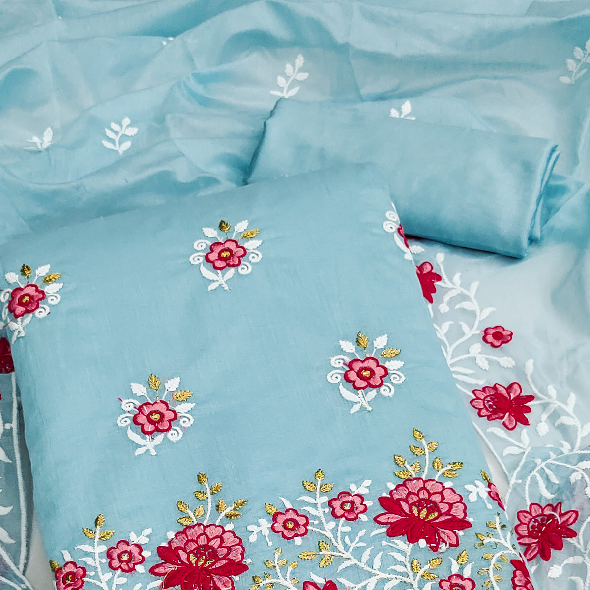 Blue Floral Embroidered Chanderi Cotton Dress Material