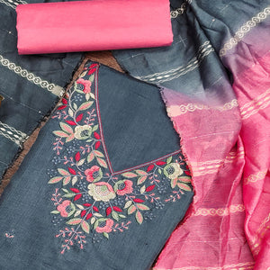 Grey Floral Sequins Embroidered Cotton Silk Dress Material