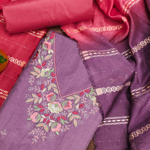 Lavender Floral Sequins Embroidered Cotton Silk Dress Material