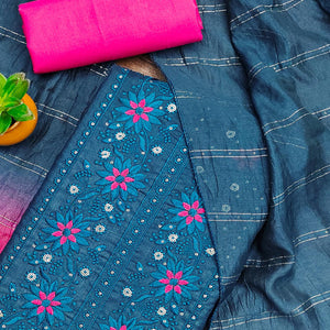 Blue Floral Sequins Embroidered Slub Cotton Dress Material