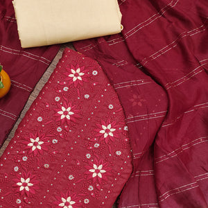 Maroon Floral Sequins Embroidered Slub Cotton Dress Material