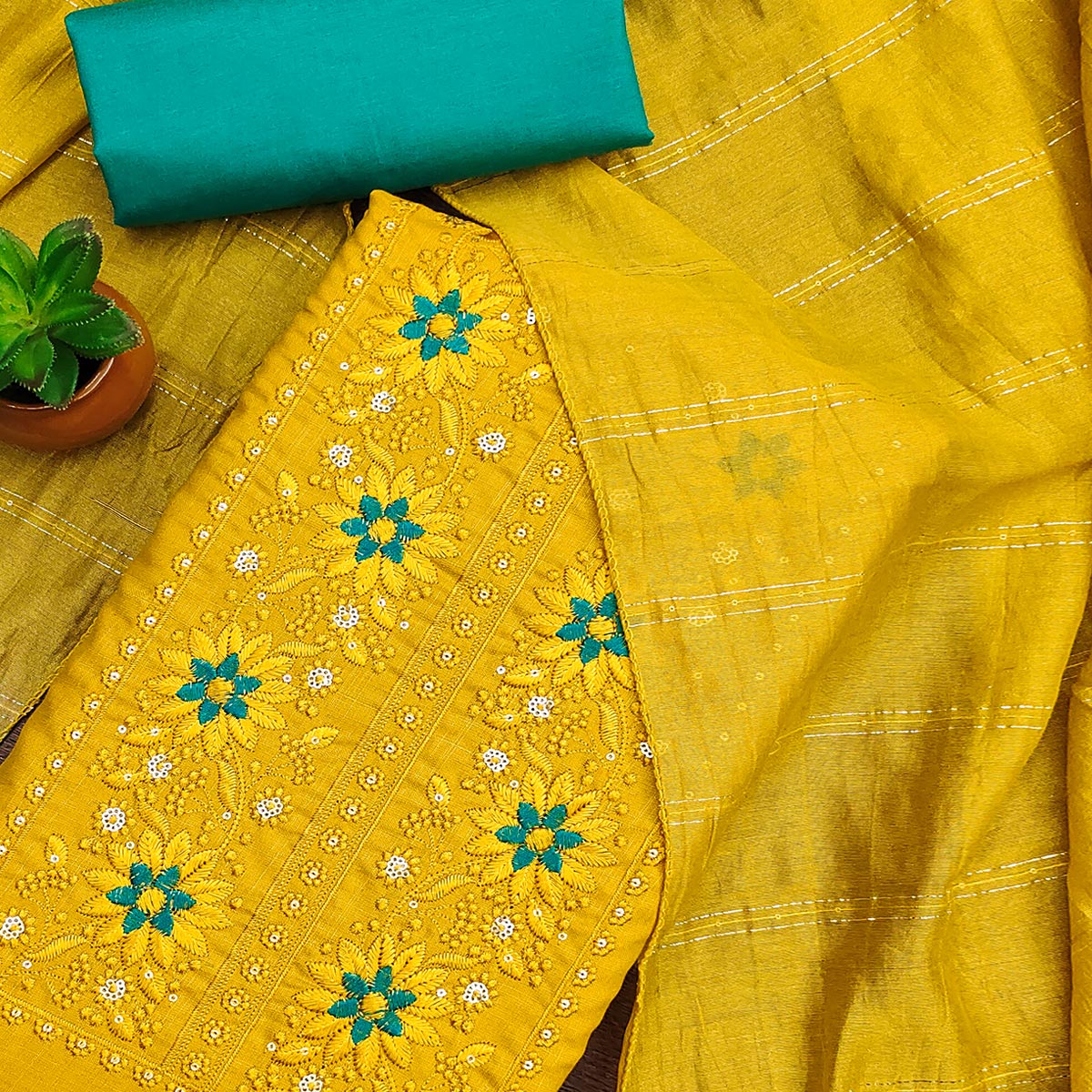 Yellow Floral Sequins Embroidered Slub Cotton Dress Material