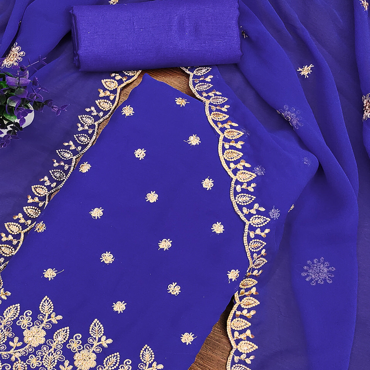 Majorelle Blue Floral Sequins Embroidered Georgette Dress Material