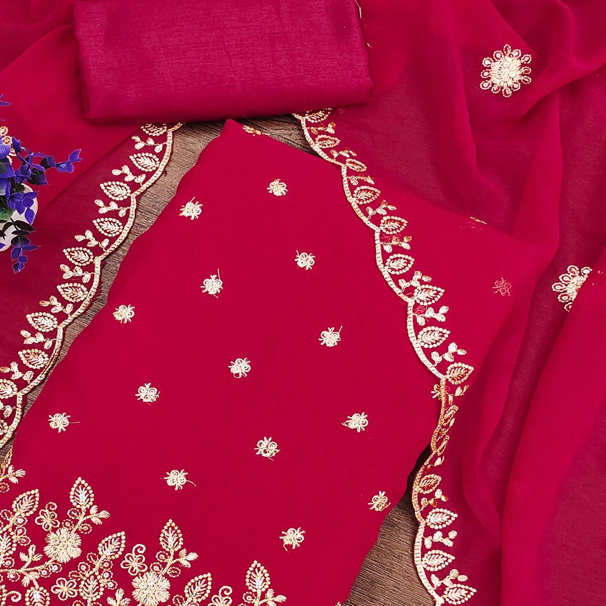 Pink Floral Sequins Embroidered Georgette Dress Material