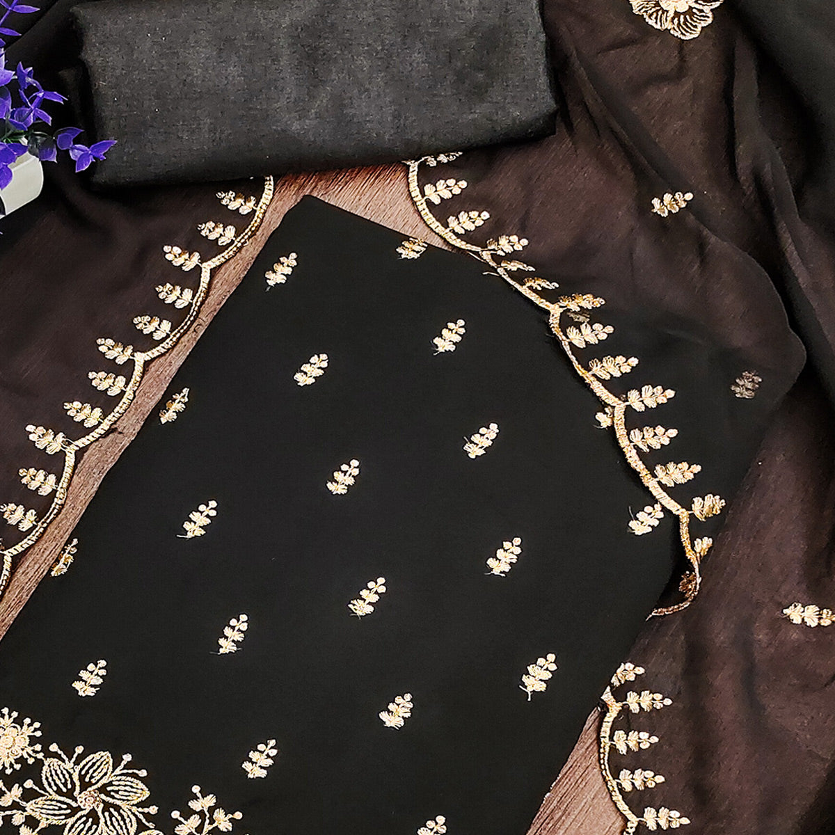 Black Floral Sequins Embroidered Georgette Dress Material