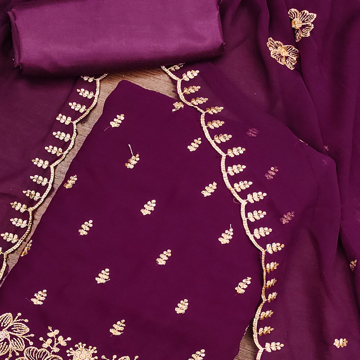 Wine Floral Sequins Embroidered Georgette Dress Material