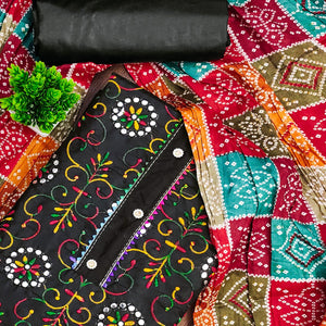 Black Floral Thread Embroidered Dress Material In Soft Cotton Blend