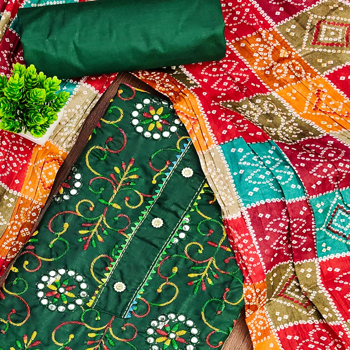 Green Floral Thread Embroidered Dress Material In Soft Cotton Blend