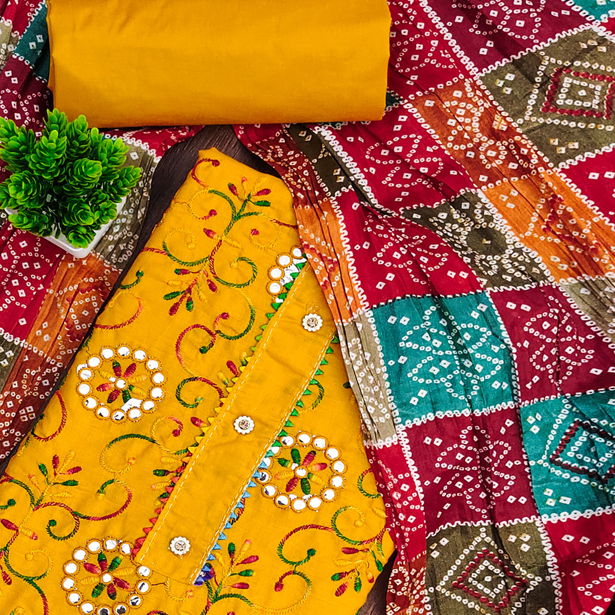 Mustard Floral Thread Embroidered Dress Material In Soft Cotton Blend