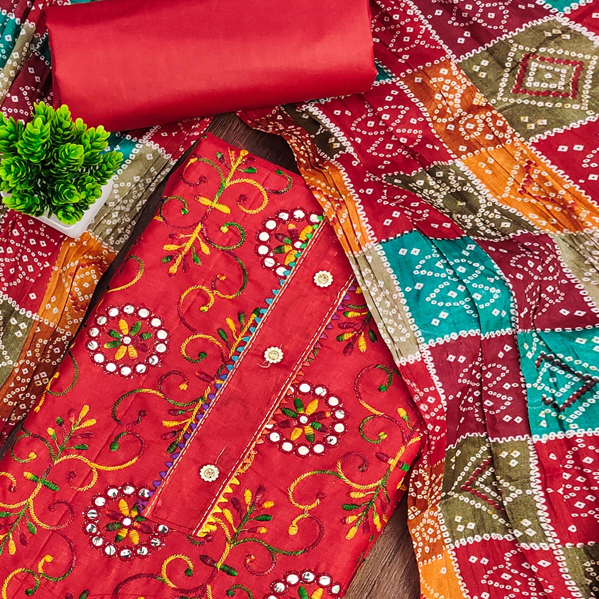 Red Floral Thread Embroidered Dress Material In Soft Cotton Blend