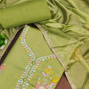 Breathable Pure Cotton Dress Material in Green with Floral Designs