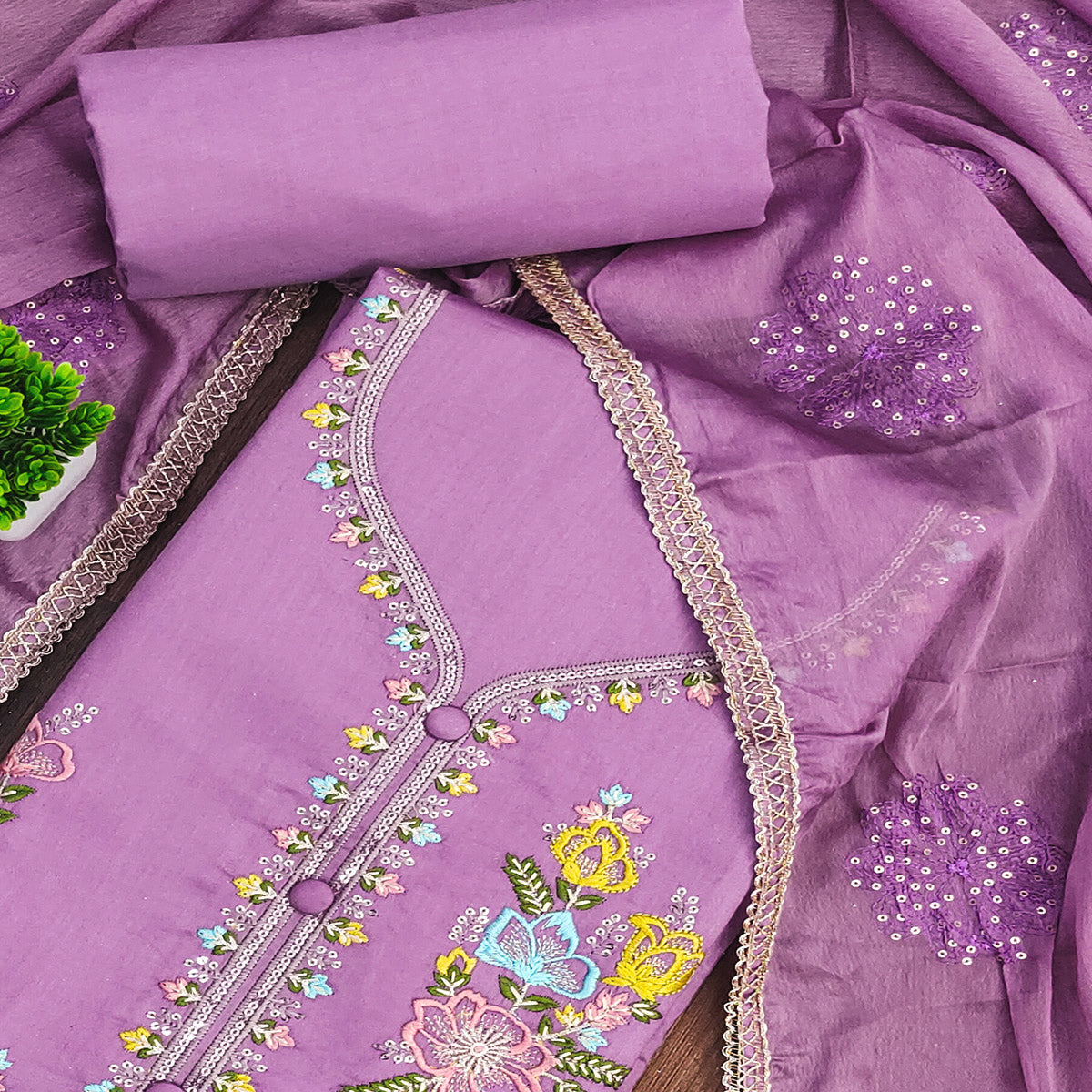 Breathable Pure Cotton Dress Material in Purple with Floral Designs