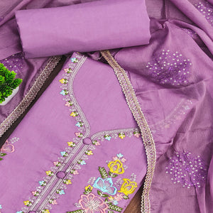 Breathable Pure Cotton Dress Material in Purple with Floral Designs