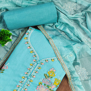 Breathable Pure Cotton Dress Material in Turquoise with Floral Designs