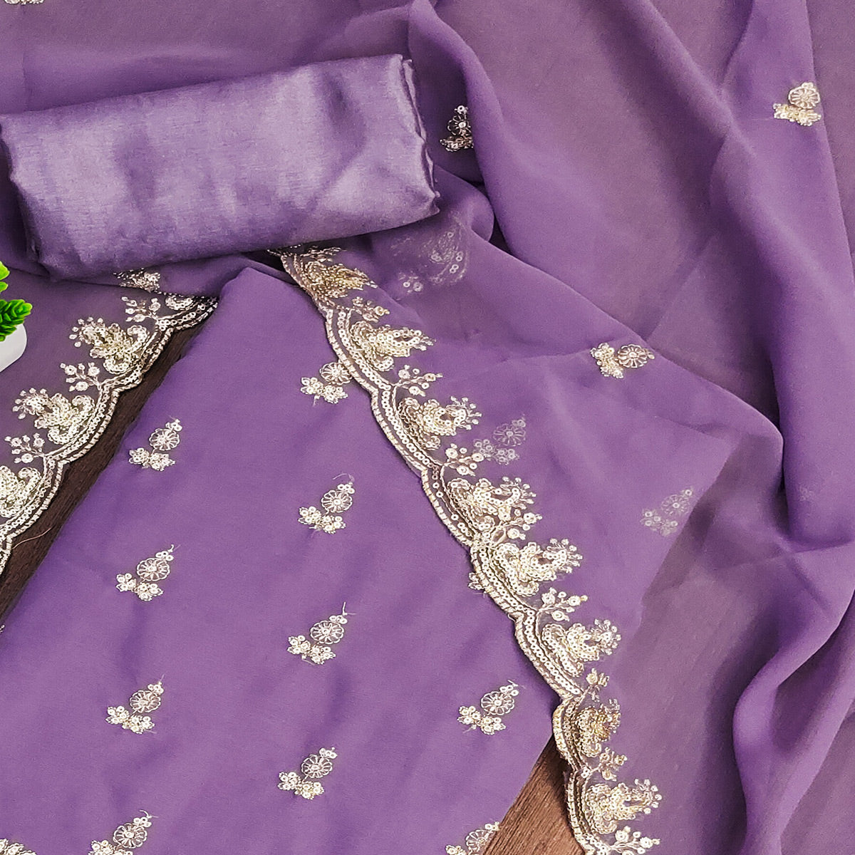 Lavender Georgette Dress Material with Sparkling Sequin Embroidery