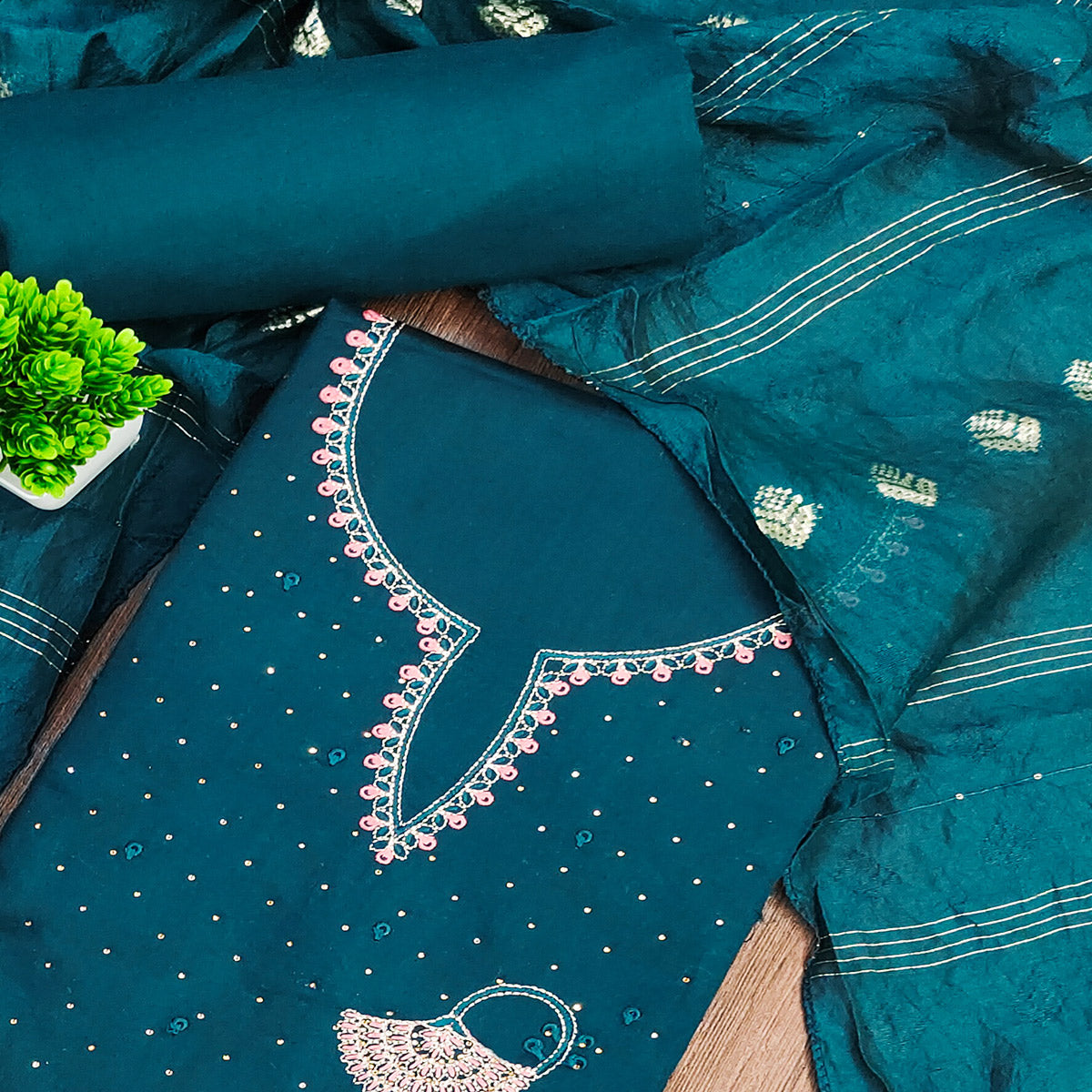 Teal Dress Material in Cotton Blend with Delicate Embroidery Work
