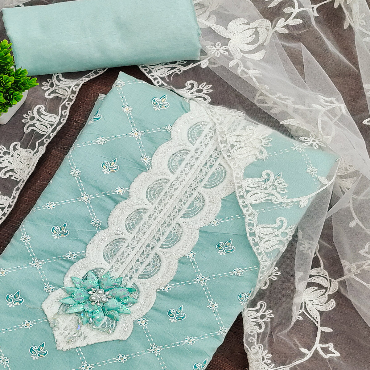 Sea Green Unstitched Dress Material Featuring Fine Floral Embroidery on Chanderi Silk