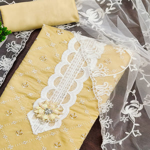 Yellow Unstitched Dress Material Featuring Fine Floral Embroidery on Chanderi Silk
