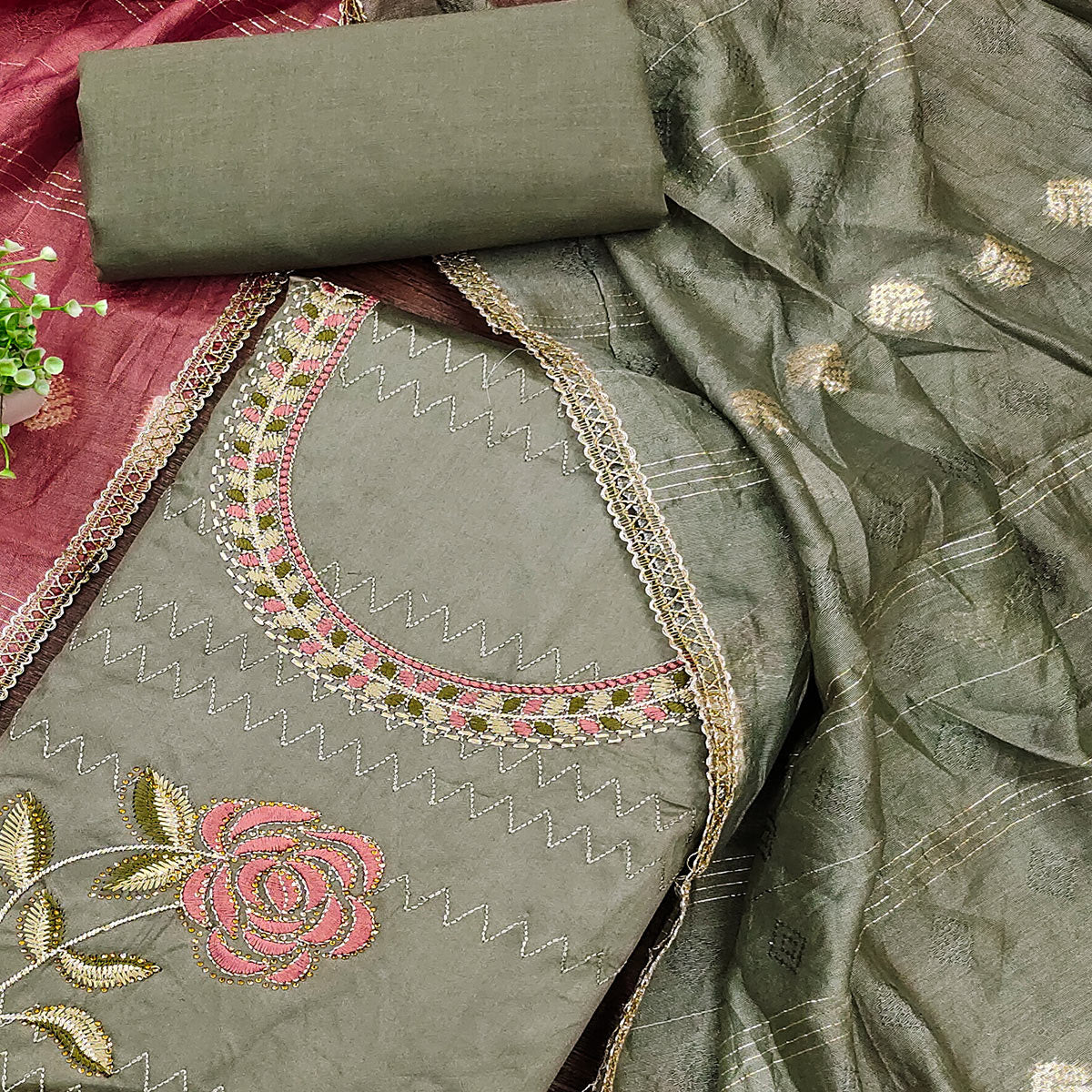 Dark Sage Green Suit Material in Cotton Blend with Beautifully Embroidered Floral Patterns