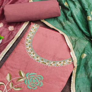 Peach Suit Material in Cotton Blend with Beautifully Embroidered Floral Patterns