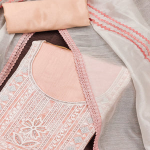 Light Orange Chanderi Silk Suit Fabric with Embroidered Highlights and Artistic Geometric Prints