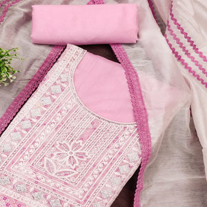 Pink Chanderi Silk Suit Fabric with Embroidered Highlights and Artistic Geometric Prints