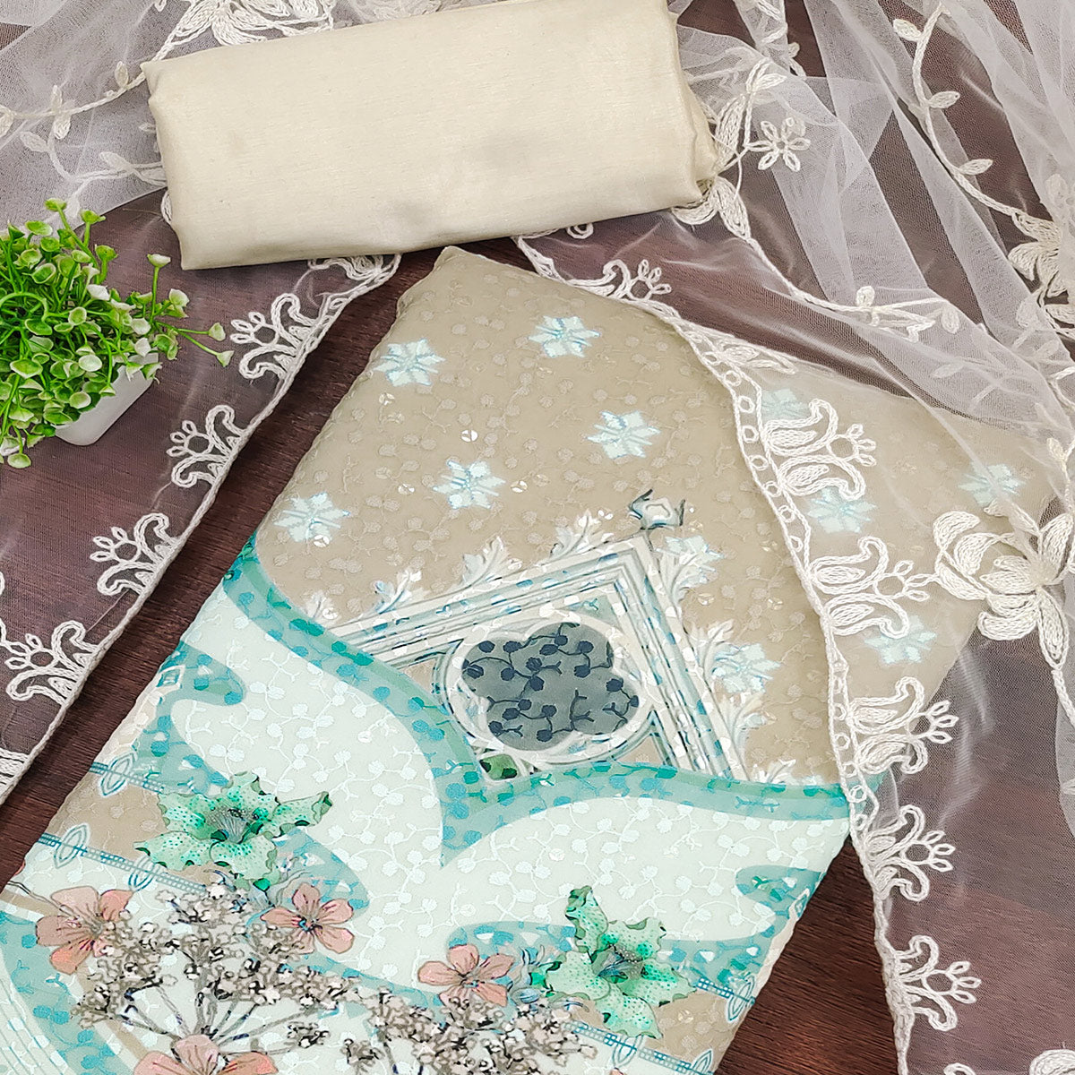 Cream & Beige Georgette Suit Fabric Adorned with Elegant and Delicate Schiffli Embroidery