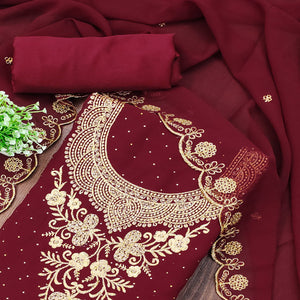Maroon Georgette Dress Material With Intricate Thread And Stone Work Embroidery