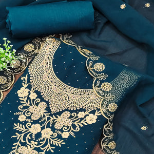 Teal Georgette Dress Material With Intricate Thread And Stone Work Embroidery