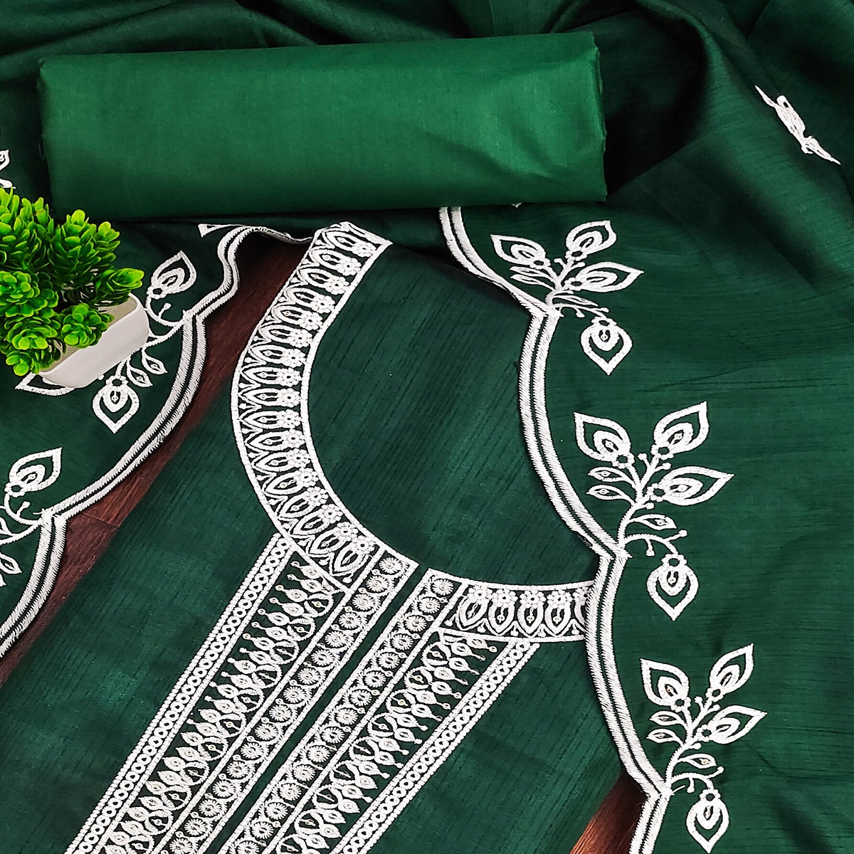 Green Intricate Floral Embroidered Cotton Blend Dress Material