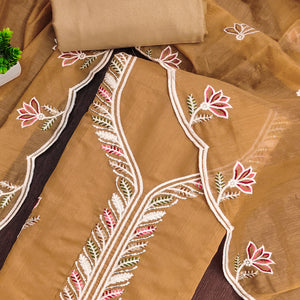 Luxurious Chikoo Chanderi Cotton Dress Material With Floral Thread Embroidery & Sequins