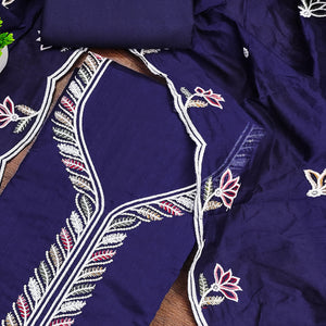 Graceful Navy Blue Chanderi Cotton Dress Material With Floral Thread Embroidery & Sequins Work