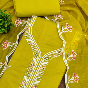 Elegant Olive Chanderi Cotton Dress Material With Floral Thread Embroidery & Sequins Work