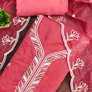 Graceful Pink Chanderi Cotton Dress Material With Floral Thread Embroidery & Sequins