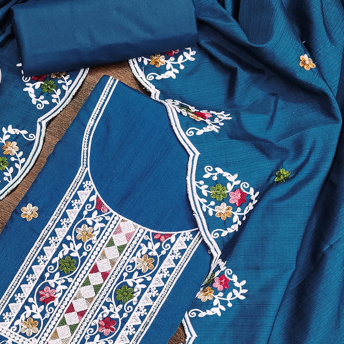 Elegant Blue Floral Sequin Embroidered Cotton Blend Dress Material