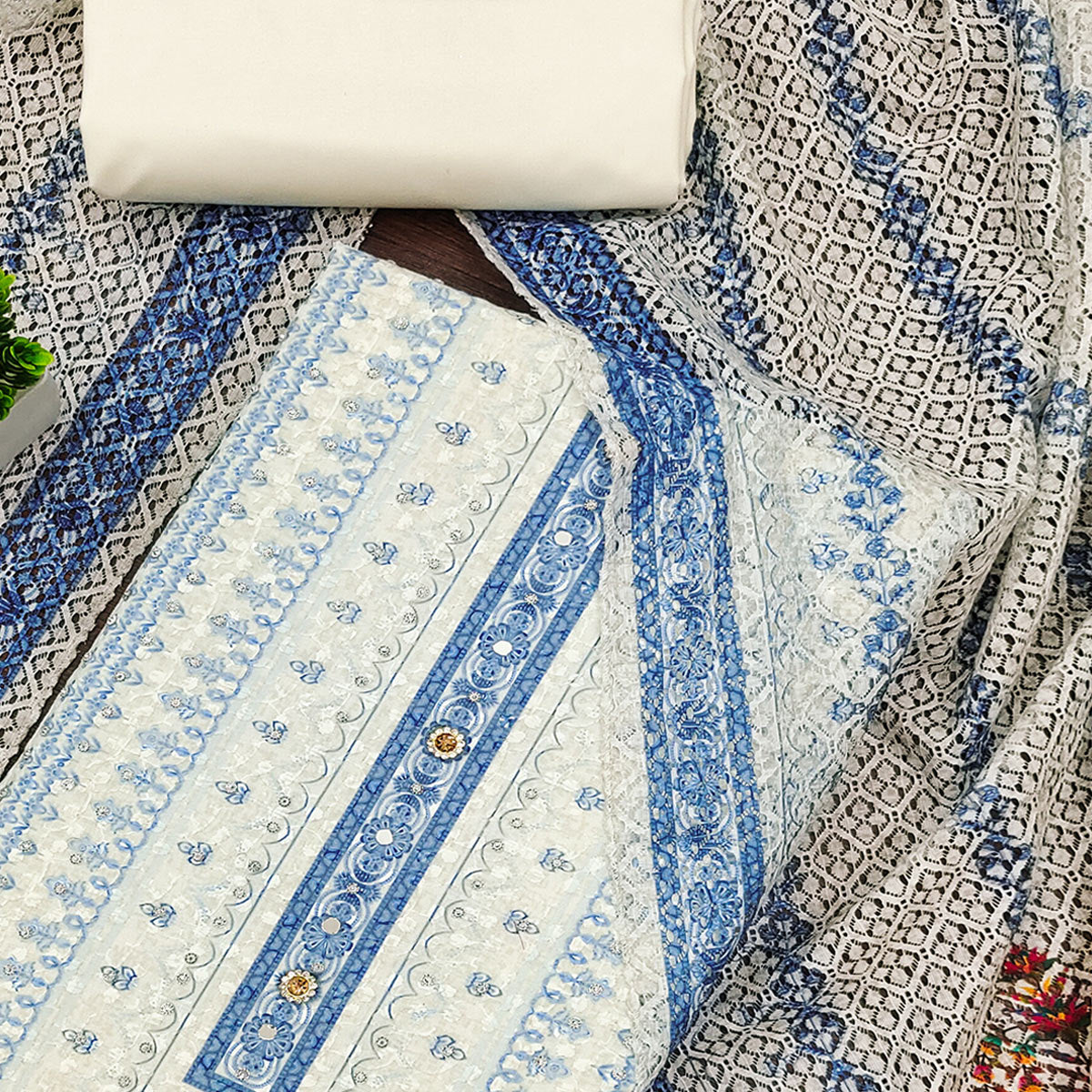 Off-White and Blue Unstitched Suit Material with Classic Schiffli Detailing