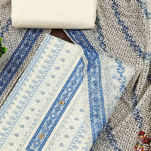 Off-White and Blue Unstitched Suit Material with Classic Schiffli Detailing
