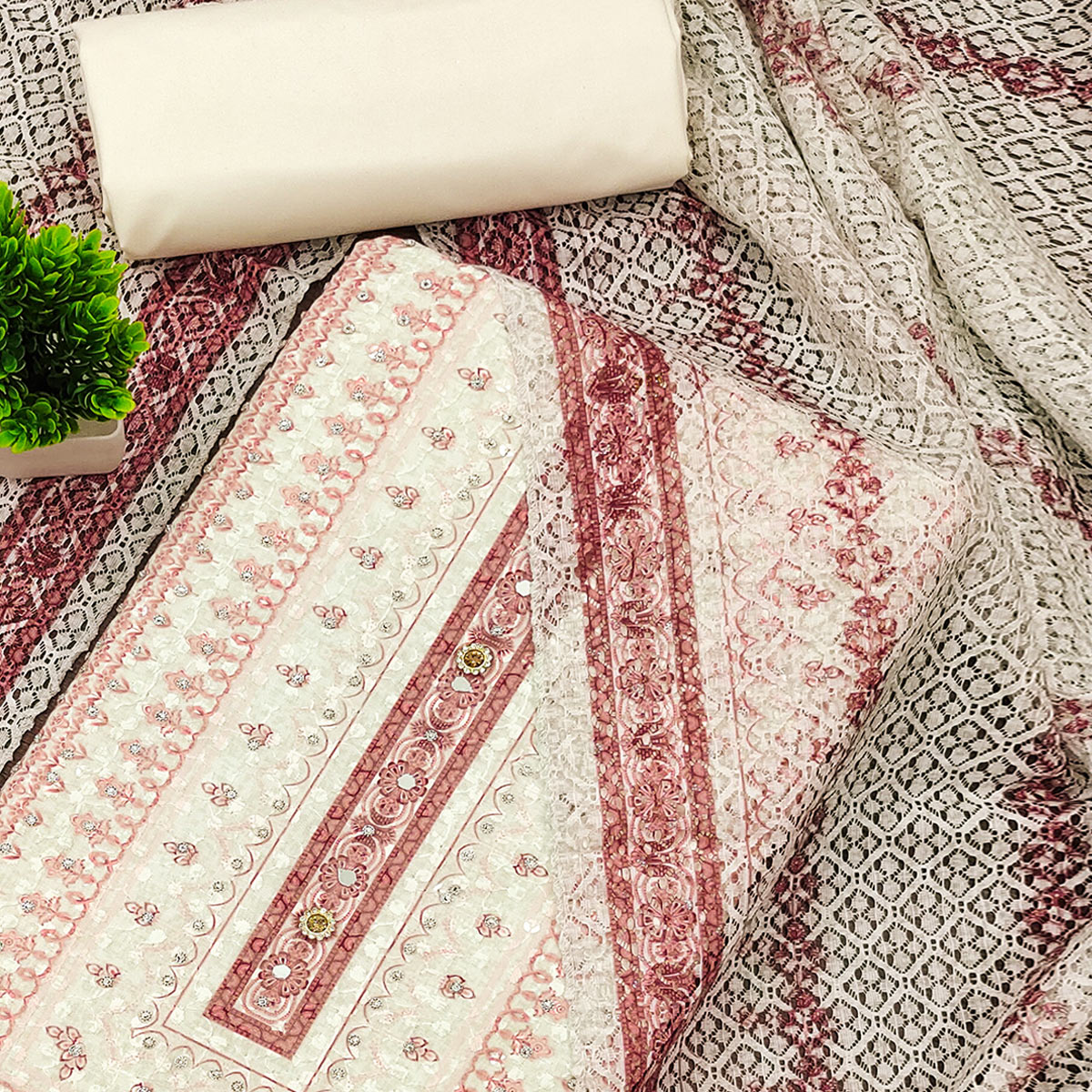 Off-White and Maroon Unstitched Suit Material with Classic Schiffli Detailing