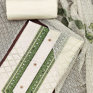 Off-White and Green Unstitched Suit Material with Classic Schiffli Detailing
