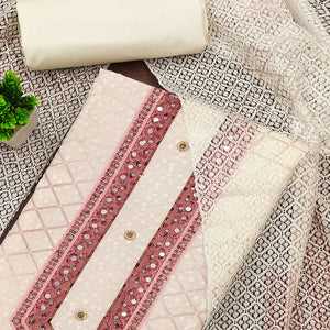 Off-White and Maroon Unstitched Suit Material with Classic Schiffli Detailing