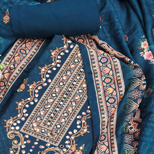 Teal Muslin Suit Fabric Featuring Floral Print & Stone Highlights