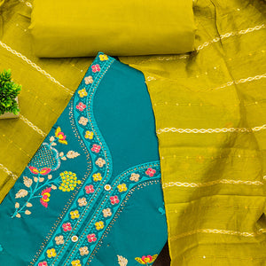 Elegant Teal Floral Embroidered Cotton Dress Fabric for Custom Stitching