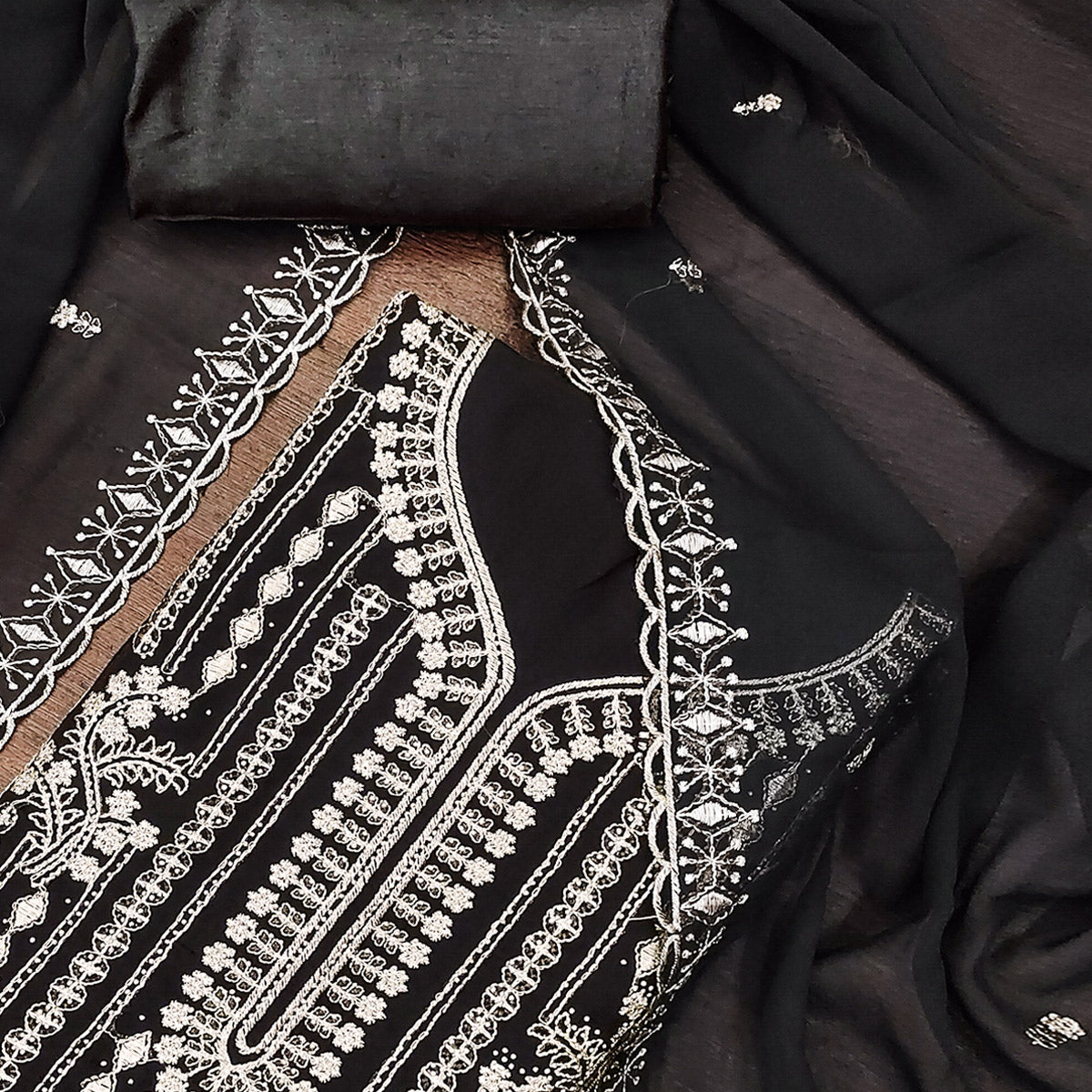 Black Georgette Dress Material with Opulent Threadwork