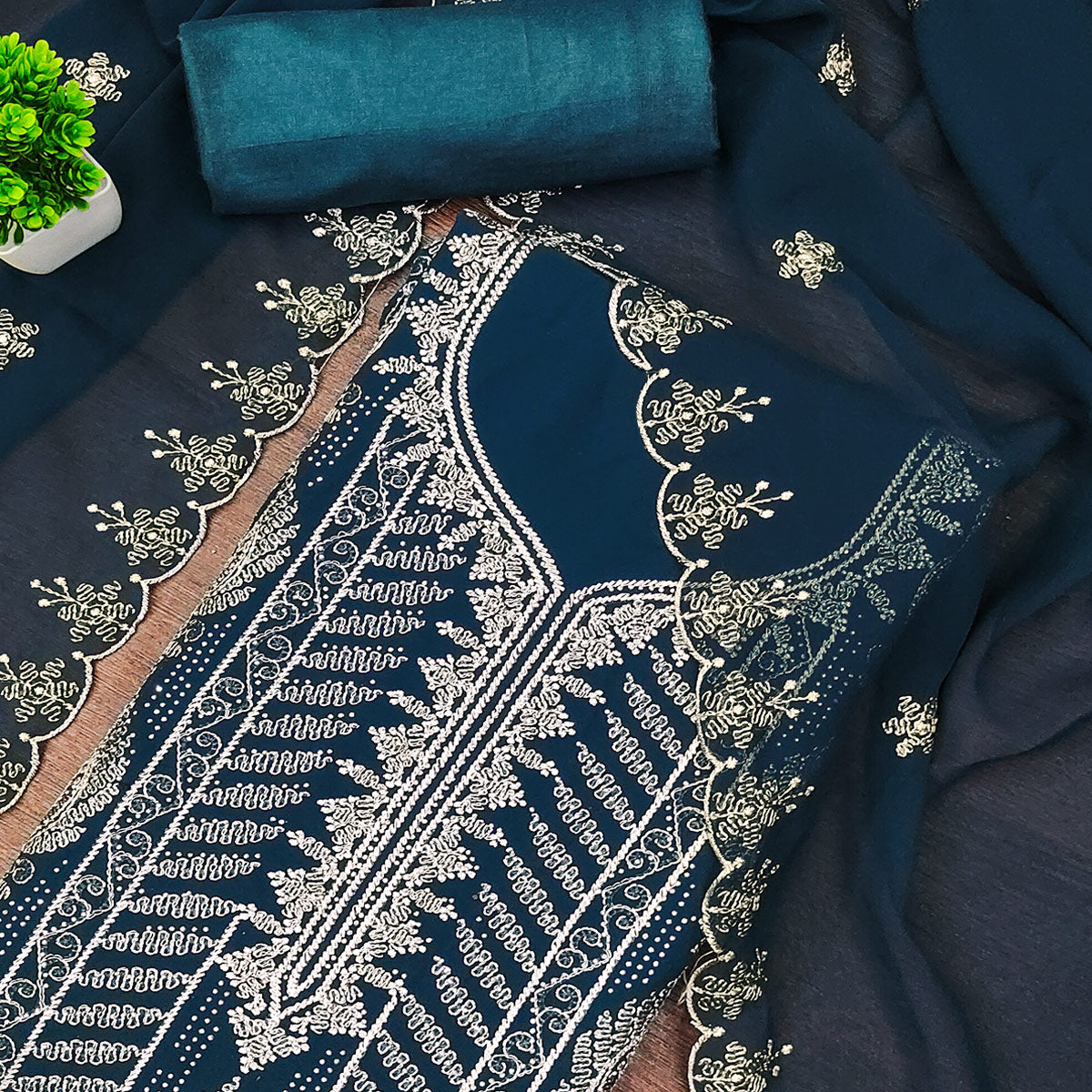 Heavy Thread Embroidered Teal Georgette Unstitched Suit Material