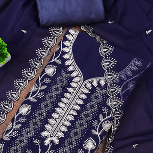 Blue Unstitched Georgette Suit Material Accented with Beautiful Thread Embroidery