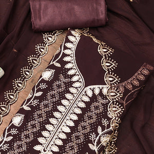Brown Unstitched Georgette Suit Material Accented with Beautiful Thread Embroidery