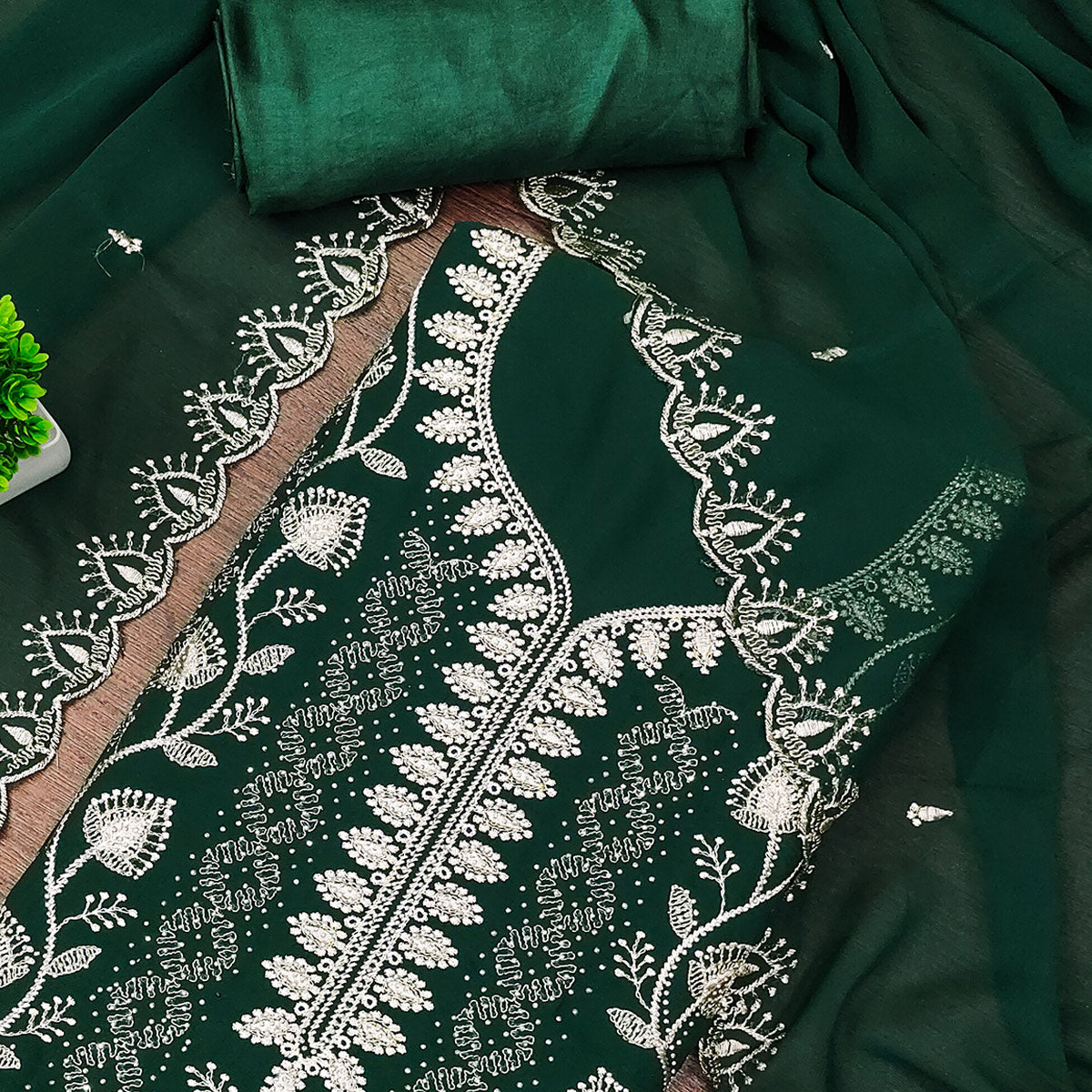 Green Unstitched Georgette Suit Material Accented with Beautiful Thread Embroidery