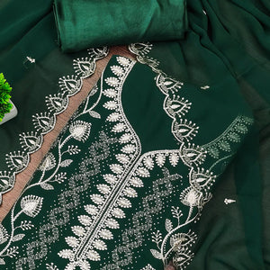 Green Unstitched Georgette Suit Material Accented with Beautiful Thread Embroidery