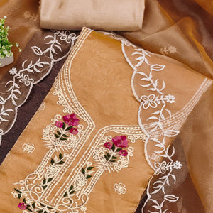 Lightweight Beige Organza Unstitched Suit Material with Intricate Floral Work