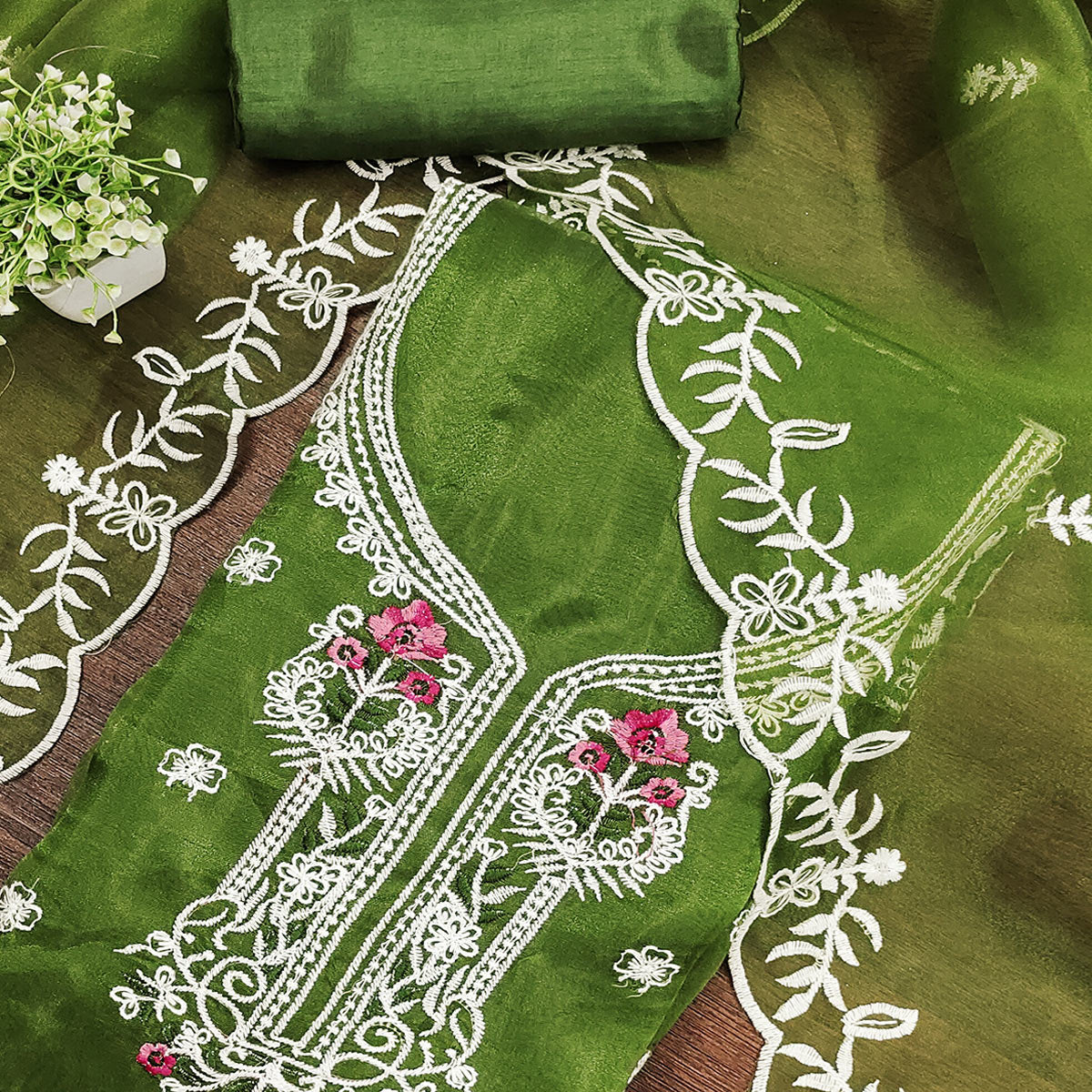 Lightweight Green Organza Unstitched Suit Material with Intricate Floral Work